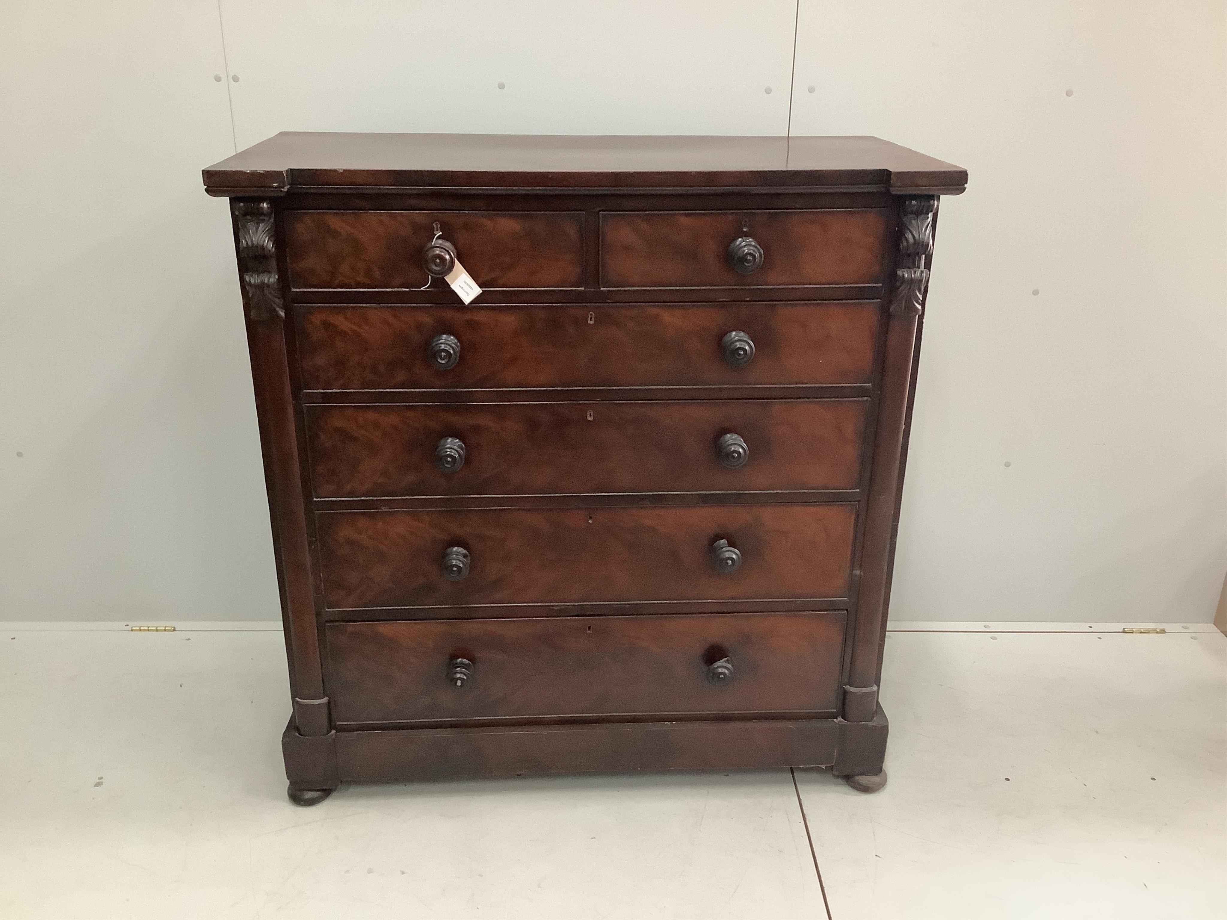 An early Victorian Scottish mahogany chest of drawers, width 121cm, depth 56cm, height 125cm. Condition - fair